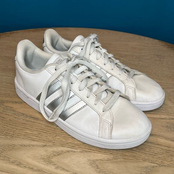 adidas Other - adidas Men’s Cloudfoam Grand Court White Silver Stripes Size 9